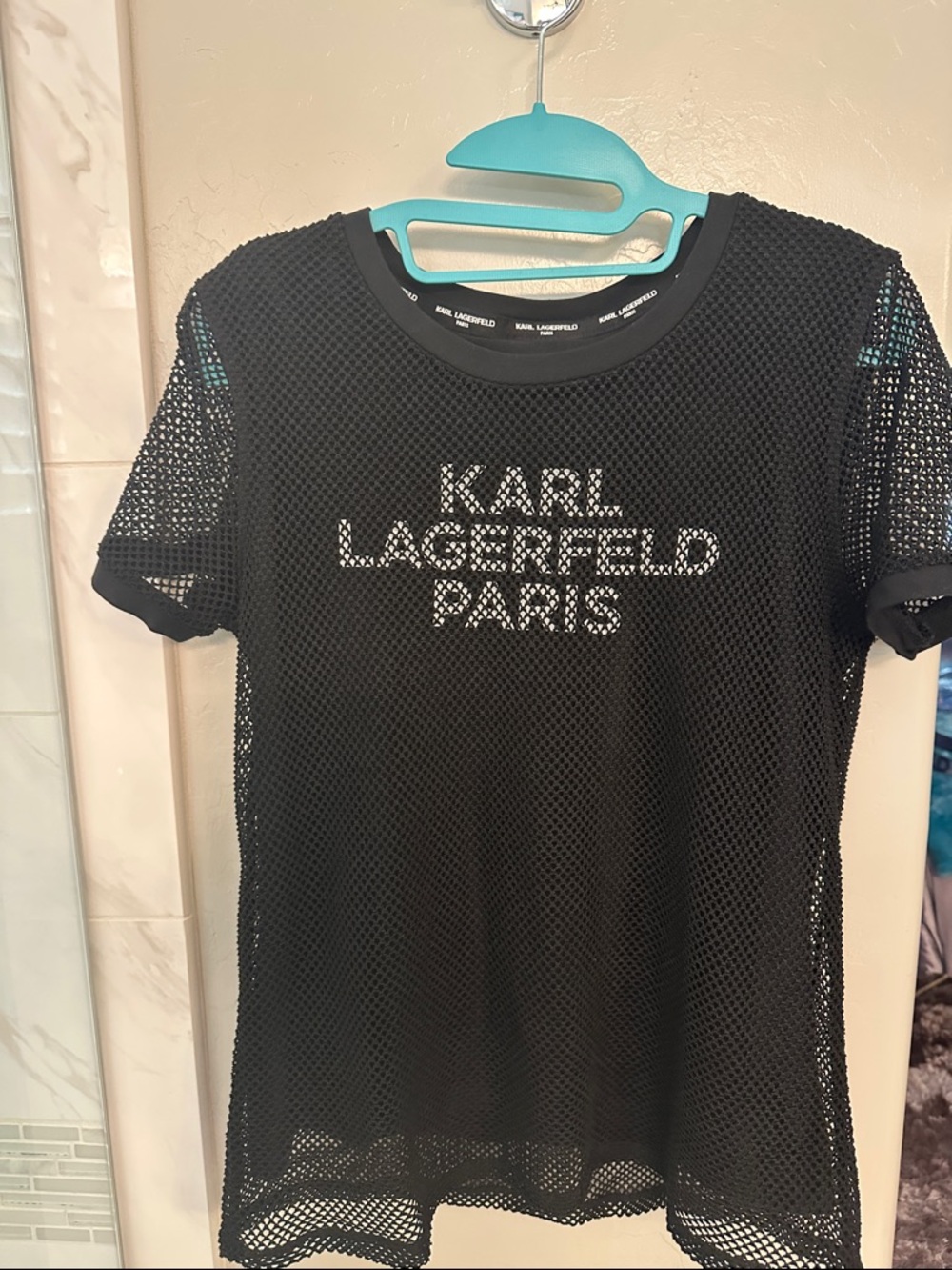 Karl Lagerfeld Black Mesh Logo Tee with Paris Script